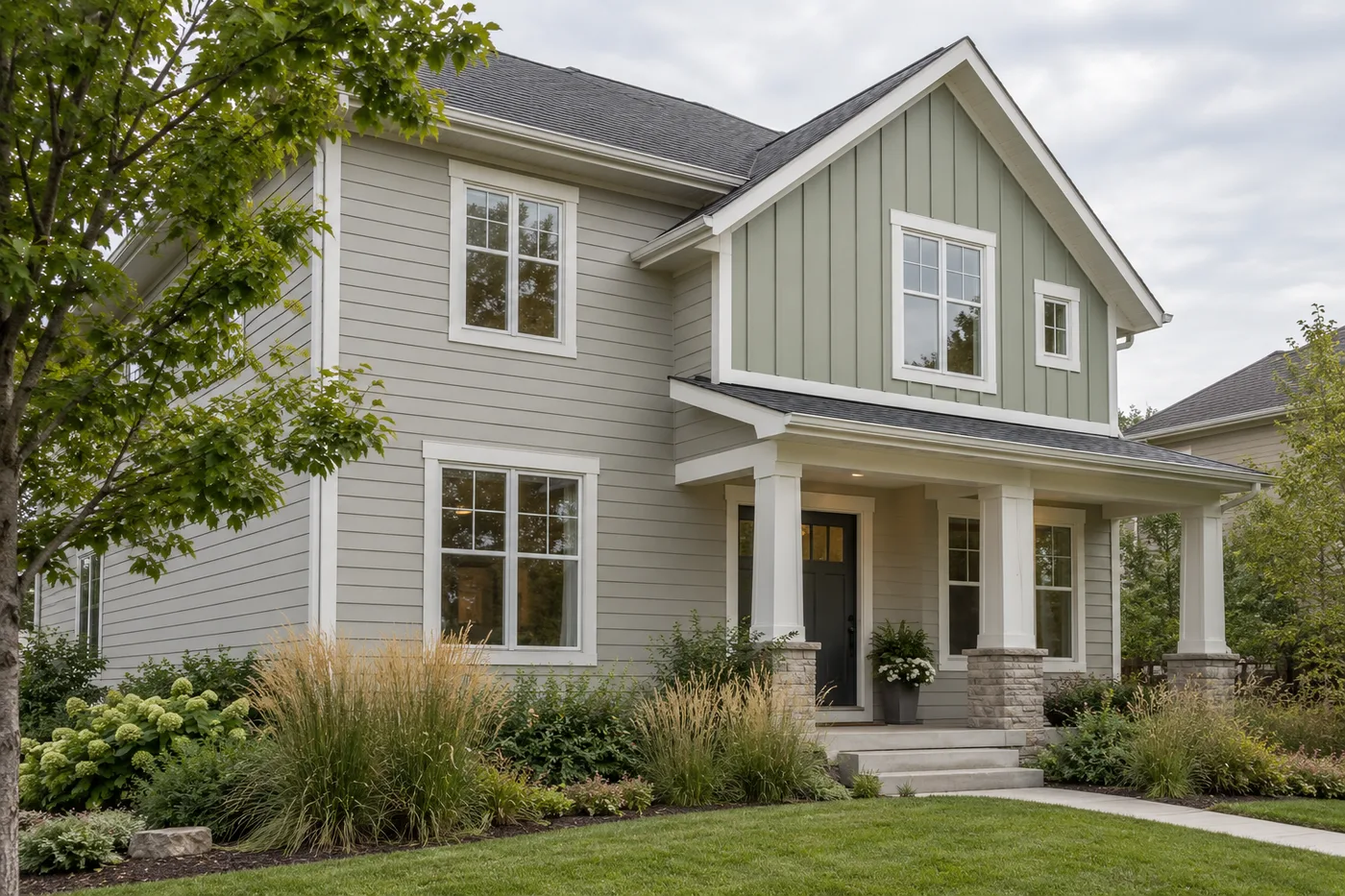 Illustrative home with horizontal siding and a board-and-batten gable