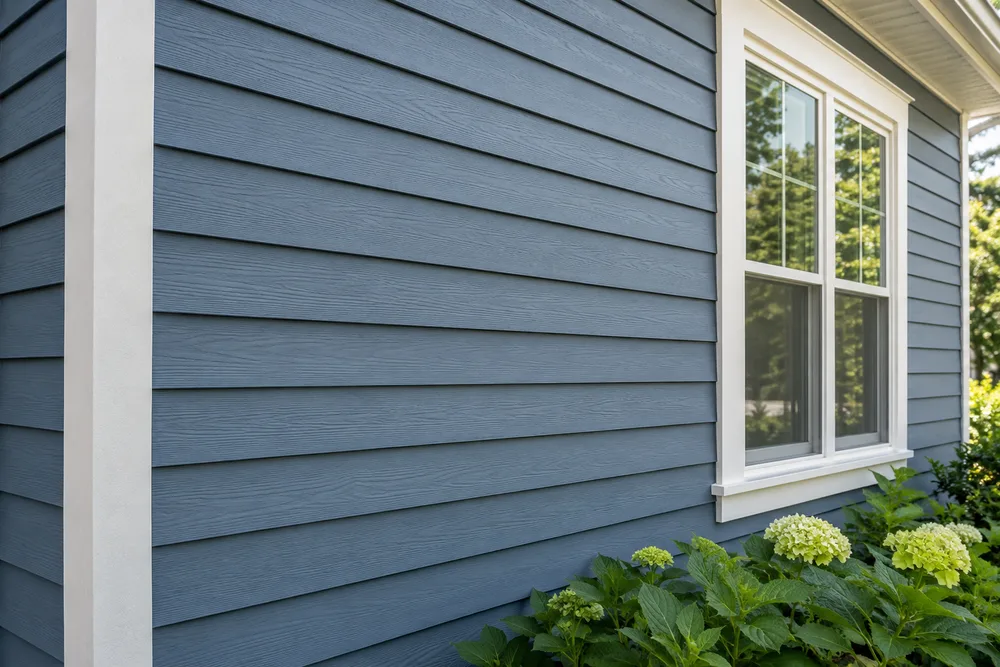 Illustrative blue lap siding around white window trim